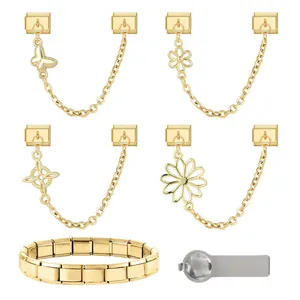 Detail of gold butterfly flower charms and modular stainless steel link bracelet set