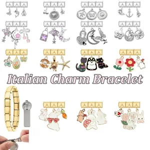 Italian charm bracelet set with various enamel pendants and stainless steel link links