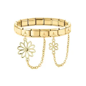 Detailed macro view of gold-plated stainless steel daisy charm modular bracelet