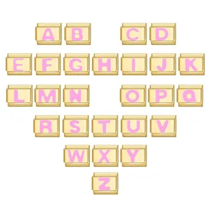 Maillons de bracelet italien en plaqué or avec lettres A-Z en émail rose
