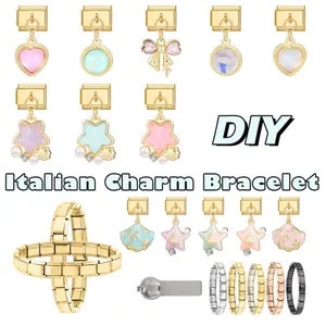 Detailed view of Italian charm bracelet links featuring colorful enamel heart and star icons