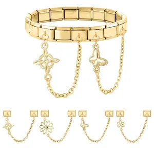 Gold modular Italian charm bracelet with butterfly, daisy motifs and stainless steel links