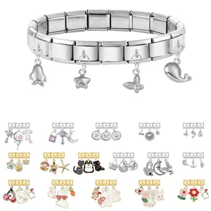 DIY stainless steel Italian charm bracelet kit with colorful enamel animal pendants
