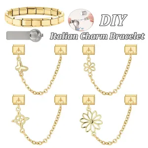 Gold Italian charm bracelet set with butterfly floral pendants and DIY adjustment tool