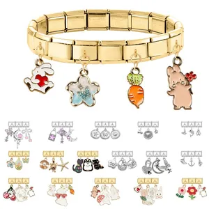 Italian style gold stainless steel modular charm bracelet with rabbit and flower pendants