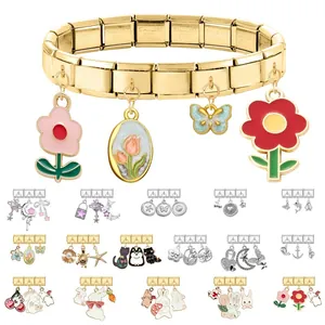 Italian charm bracelet with colorful enamel pendants and stainless steel links