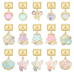 Stainless Steel Italian Charm Bracelet Links Gold Plated DIY Enamel Heart Star Shell Mermaid Tail Jewelry Making Pendants
