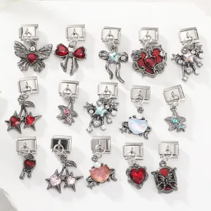Collection of stainless steel Italian charm links with colorful heart and butterfly designs
