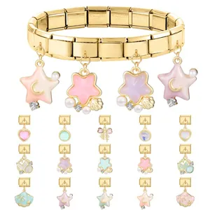 Italian modular charm bracelet set with 15 interchangeable colorful stainless steel charms