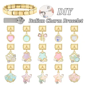 DIY Italian charm bracelet set in gold stainless steel with colorful starfish and heart icons