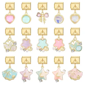 Italian charms gold bracelet links featuring stars hearts and colorful gemstones