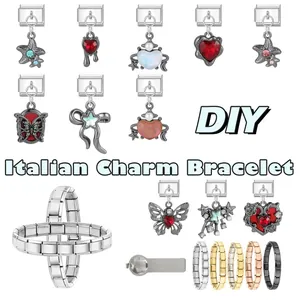 Close-up of DIY Italian charm bracelet links featuring starfish and heart pendants