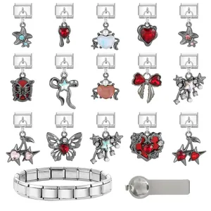 Detailed set of 15 stainless steel Italian charm links with butterfly and heart charms