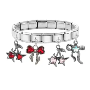 Detail view of 304 stainless steel Italian charms with heart and butterfly charms