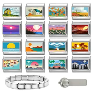 Set maglie bracciale italiano con 16 motivi paesaggistici e attrezzo di misura