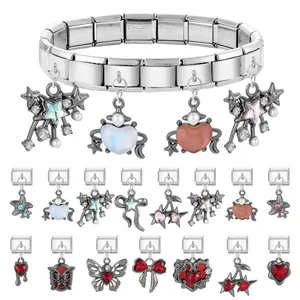 Italian charm bracelet in stainless steel with colorful butterfly and heart charms