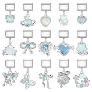 Ciondoli Italian Charm in Acciaio Inossidabile Maglie Modulari Bracciale Fai da Te Cuore Pianeta Farfalla Strass Blu Gioielli Donna