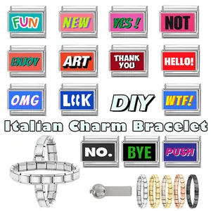 Detail of colorful slogan charms and modular stainless steel links for DIY bracelets