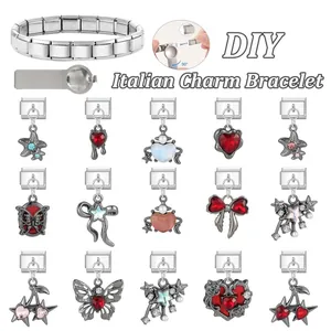 Italian charm bracelet DIY set with stainless steel links and variety of rhinestone charms
