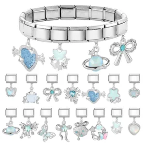 Bracciale componibile italiano in acciaio inox con ciondoli blu a cuore e pianeta