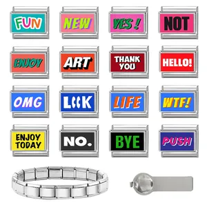 Detailed set of Italian charm links with colorful English quotes and stainless steel band