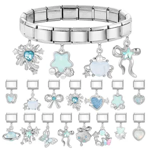 Bracciale modulare fai-da-te in acciaio inox con ciondoli azzurri e cuore