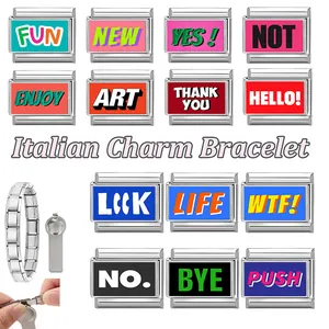 Macro view of Italian charm bracelet links and metal assembly tool for DIY jewelry