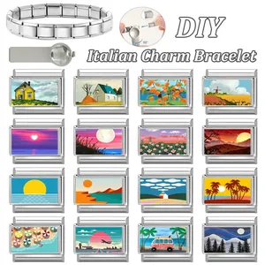Bracciale a charms italiano fai-da-te con 16 charms paesaggio in acciaio inox e tool