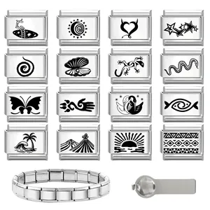 Detailed macro view of stainless steel charm links with sun, heart and star patterns