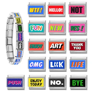 Italian charm bracelet with customizable stainless steel colorful quote links