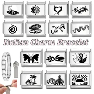 DIY Italian charm bracelet links in stainless steel with sun, moon, and butterfly icons