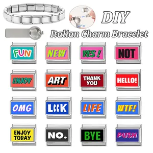 Italian style DIY stainless steel charm bracelet set with colorful quote links and tool