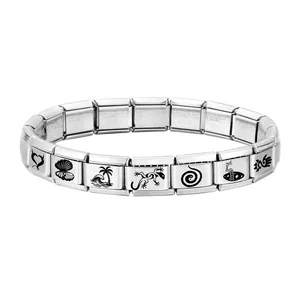 Detailed macro of stainless steel modular charms with shell and star etched patterns
