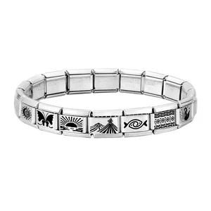 Detail of Italian charm bracelet links with laser-engraved butterfly and nature motifs