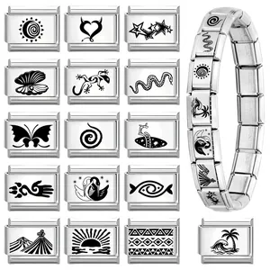 Italian style stainless steel modular link bracelet with engraved black shell symbols