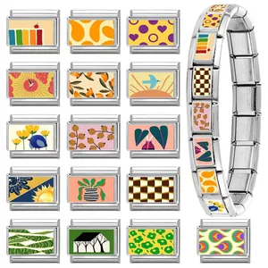 Bracelet italien avec 15 modules DIY en acier inoxydable peints de fleurs et maisons