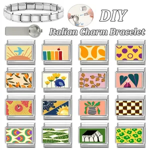 Bracelet modulaire italien en acier inoxydable avec charmes émaillés colorés de fleurs