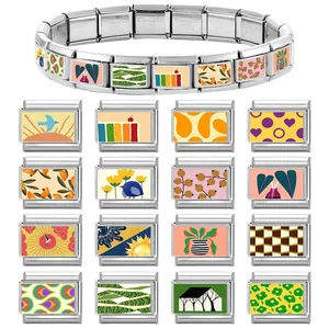 Bracelet italien à charms avec maillons modulaires en acier inoxydable et motifs floraux