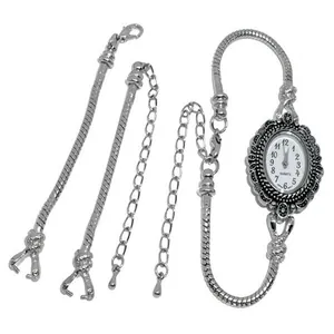Vintage Silberne Quarzuhr mit Blumenlünette und elegantem Schlangenkette Armband-Set