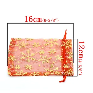 Bolsa de regalo de organza roja con copos de nieve dorados, tamaño 16x12cm para joyas