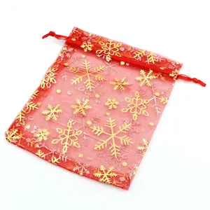 Bolsa de Regalo para Joyas de Organza Roja de Navidad Con Patrón de Copo de Nieve Dorado Estampado en Caliente Cordón para Embalaje de Dulces