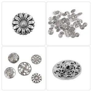 Detailed view of vintage silver floral alloy shank buttons for sewing and DIY crafts