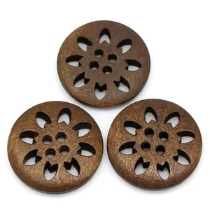 Botones de Madera Marrones Vintage 25mm Redondos 4 Agujeros Tallados Copo de Nieve Flor Botones Decorativos para Coser Abrigos Manualidades