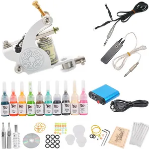 Kit completo profesional de máquina de tatuar de bobina con fuente y 10 tintas de colores