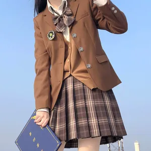 Detailed view of dark brown vintage blazer and plaid skirt school uniform set for women