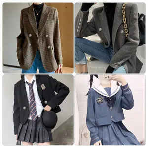 Detailed view of vintage alloy flower buttons on assorted wool suits and school uniforms