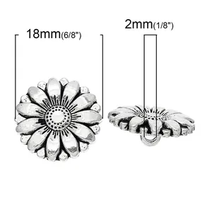 Antique silver sunflower 18mm metal button with floral texture and shank back