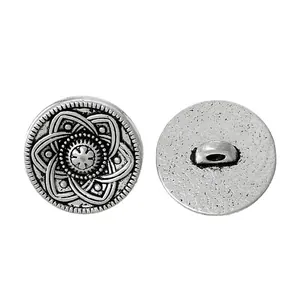 Retro round silver alloy buttons with six-petal flower carving for coats and jackets