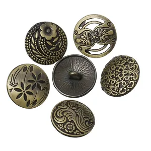 Set of 6 vintage bronze 17mm metal buttons with embossed floral and geometric patterns