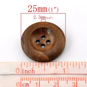 Botones redondos de madera marrón oscuro de 25mm con 4 agujeros y veta natural